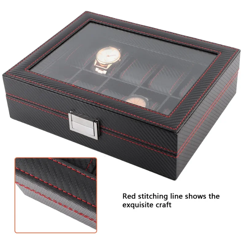 10-Slot Carbon Fiber Watch Display Box with Secure Storage for Collectors - Image 4