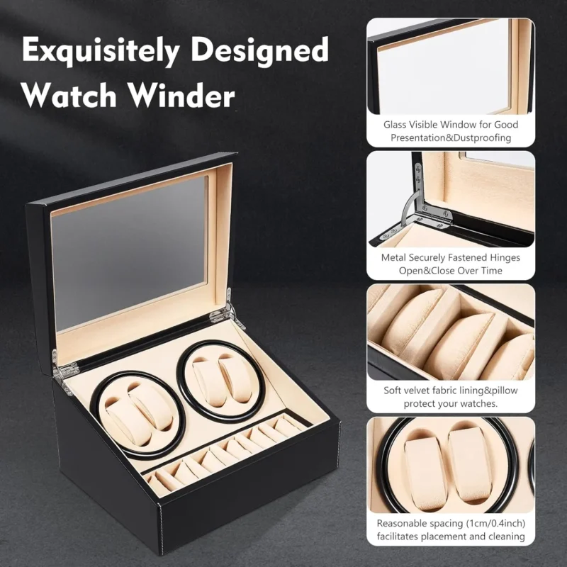 Luxury 10-Slot Automatic Watch Winder Display Box with Leather & Wood Construction - Image 5