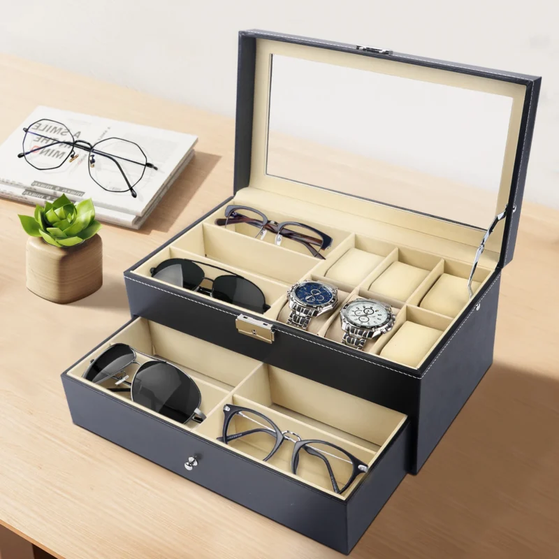 6-Slot Luxury Watch and Eyeglasses Display Case with Glass Top for Collectors - Image 2