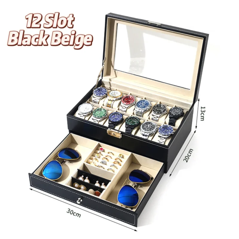 12-Slot Leather Watch Display Case with Lock and 2-Tier Drawer for Collectors - Image 10
