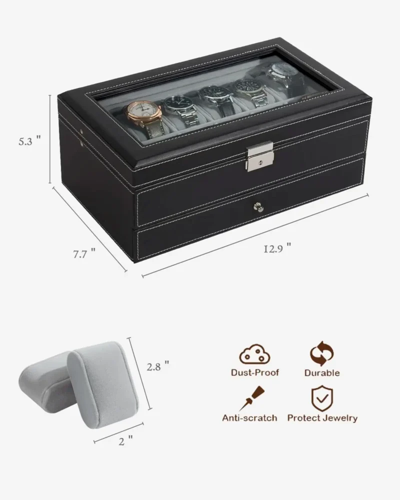 12-Slot Leather Watch Display Case with Lock and 2-Tier Drawer for Collectors - Image 5