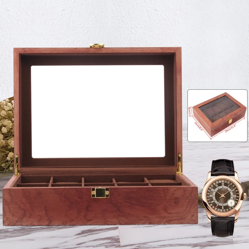 10-Slot Wooden Watch Display Box with Glass Viewing Window and Protective Cushions - Image 3