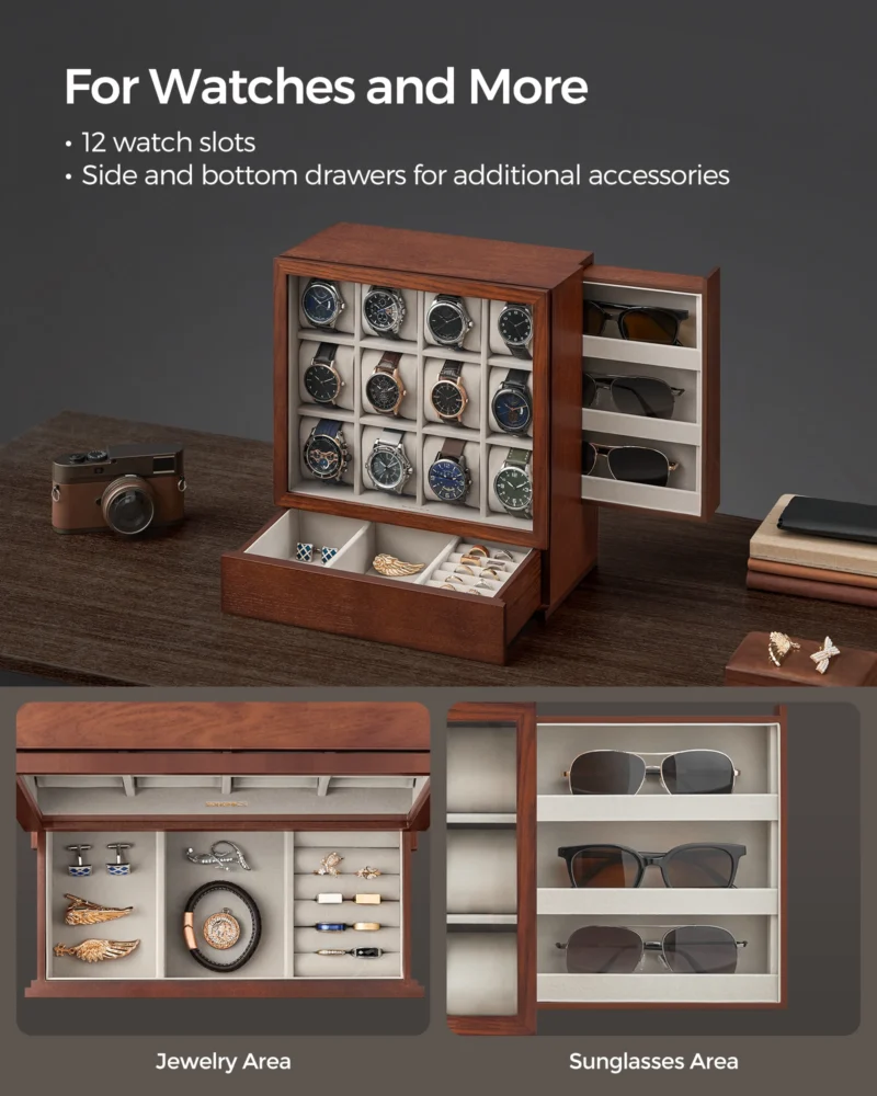 12-Slot Wooden Watch Display Box with Glass Window and Velvet Lining for Luxury Collection - Image 5