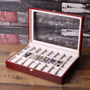 24-Slot Wooden Watch Display Case with Glass Top and Lock for Collector's Storage