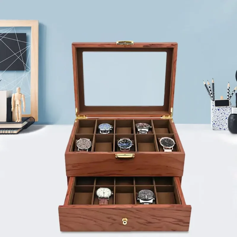 20-Slot Wooden Watch & Jewelry Display Case with Storage Drawer for Collectors - Image 3