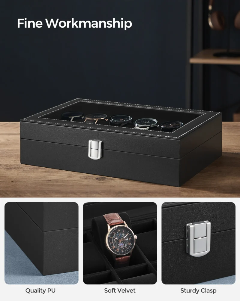 12-Slot Leather Watch Display Case with Glass Lid and Removable Pillows - Image 4