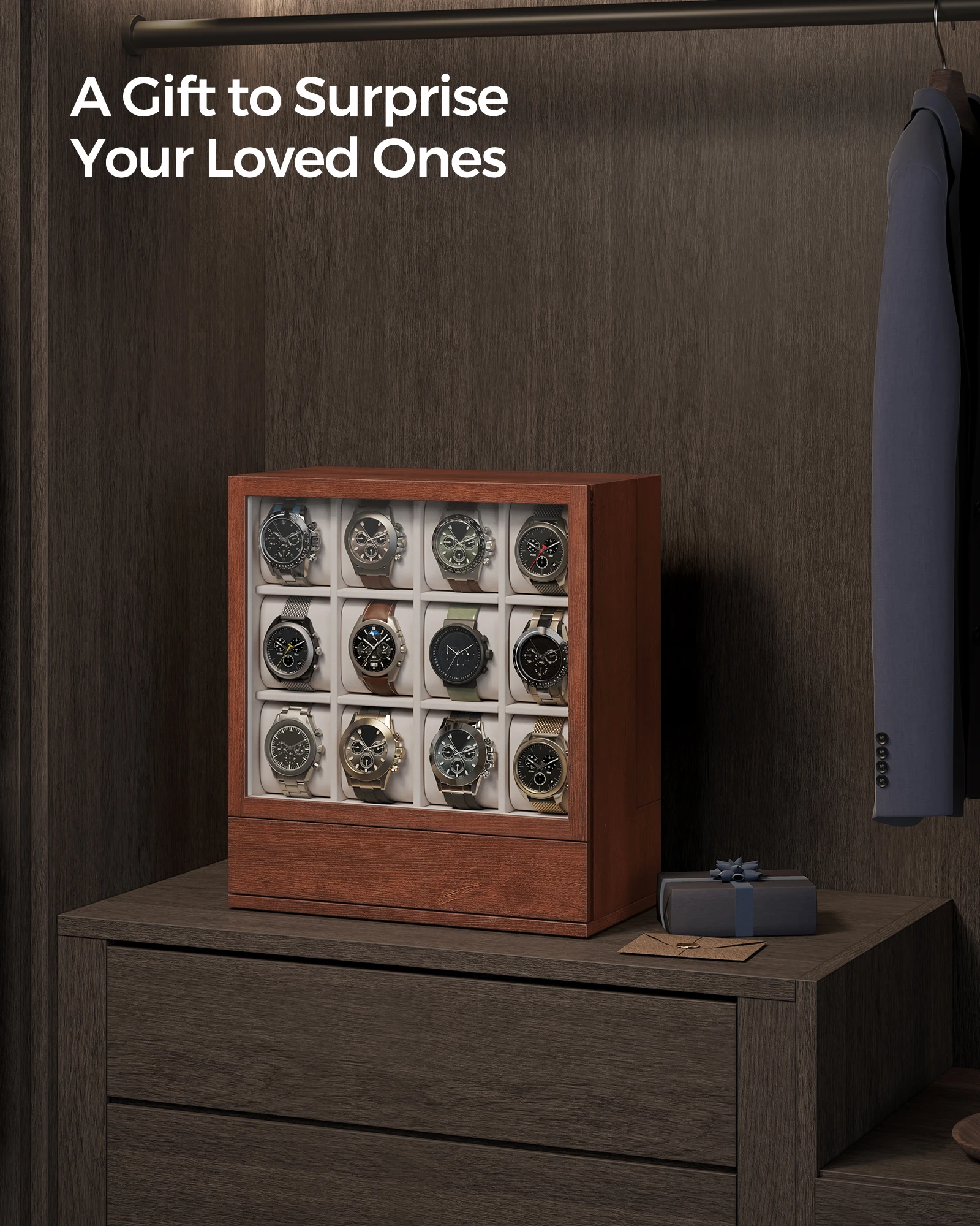 Multi-slot watch winder box with transparent display window showing mechanical operation