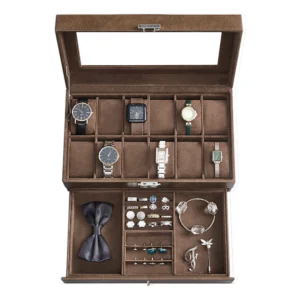 Premium 12-Slot Wooden Watch Box with Glass Lid and Jewelry Drawer