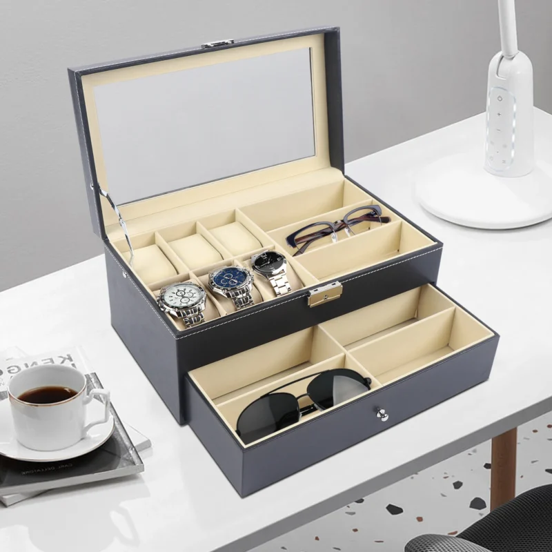 6-Slot Luxury Watch and Eyeglasses Display Case with Glass Top for Collectors - Image 4
