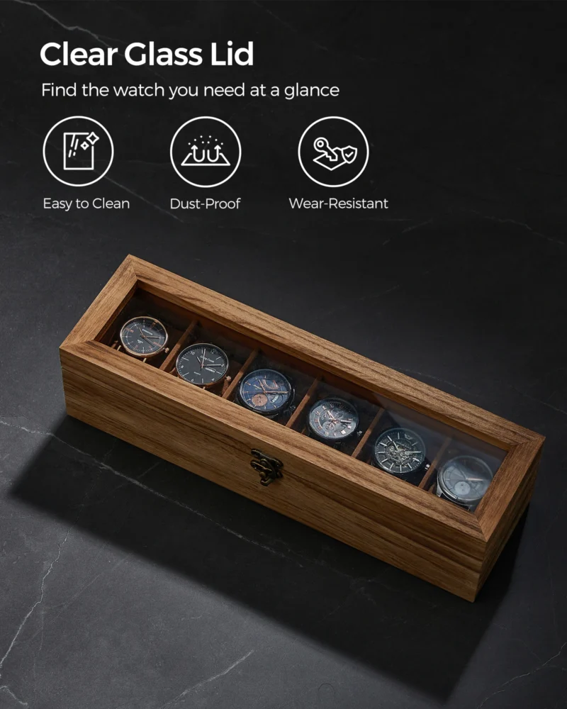 Handcrafted Wooden 6-Slot Watch Display Case with Glass Top and Removable Cushions - Image 5