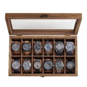 12-Slot Solid Wood Watch Box Organizer with Glass Lid and Removable Pillows