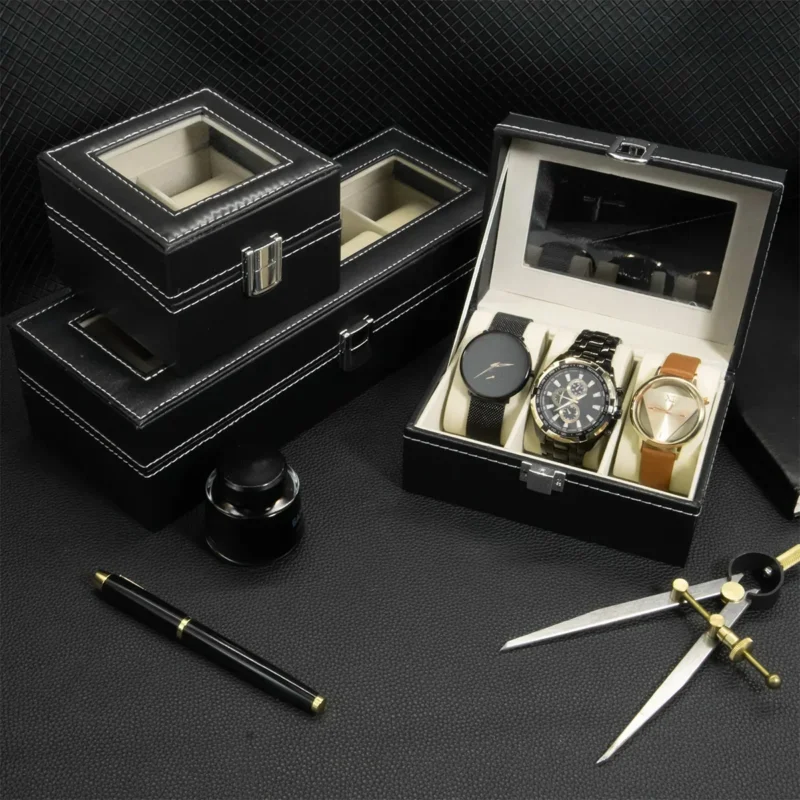 12-Slot Premium Leatherette Watch Display Box with Glass Top for Men's Collections - Image 3