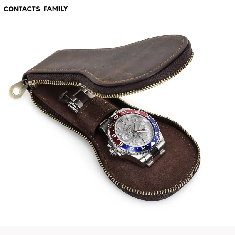 Vintage Leather 2-Watch Travel Roll Case with Zipper Closure and Velvet Interior - Image 6