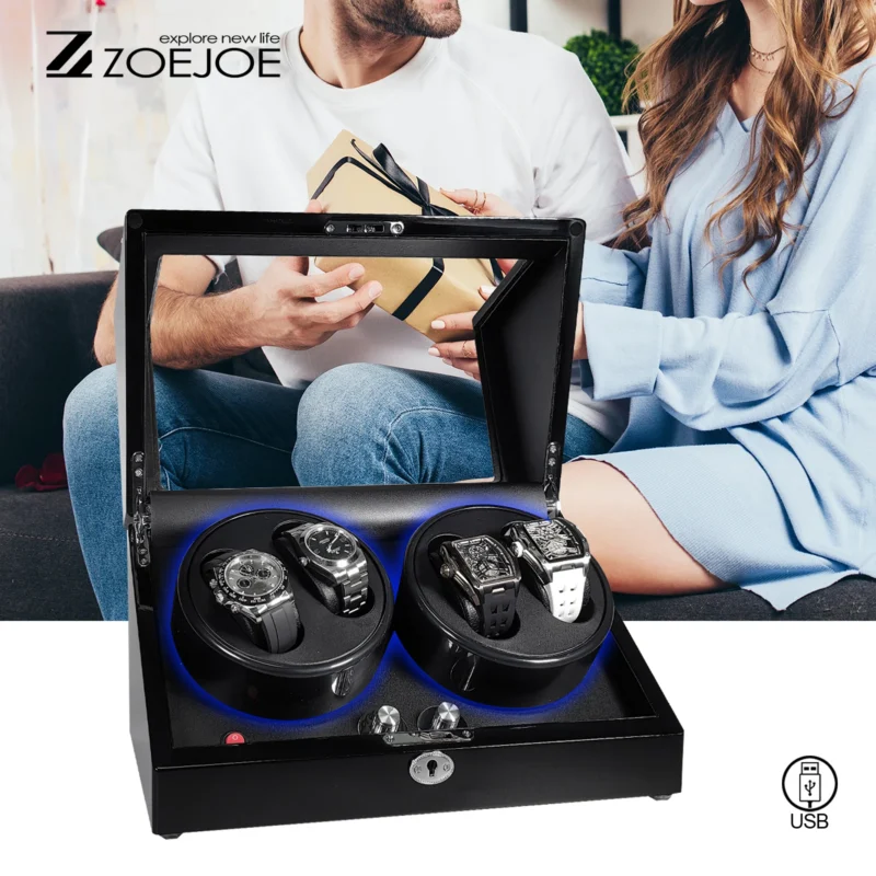 4-Slot Luxury Watch Winder Box with LED Lighting for Automatic Timepieces with Security Lock - Image 4