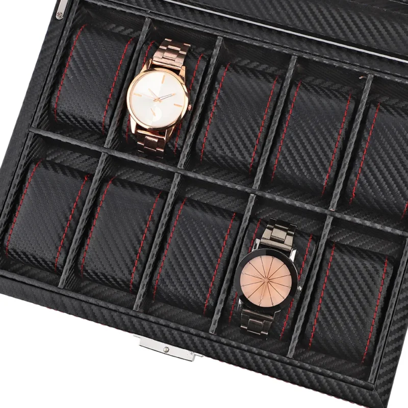 10-Slot Carbon Fiber Watch Display Case with Elegant Storage Organization for Collectors - Image 5