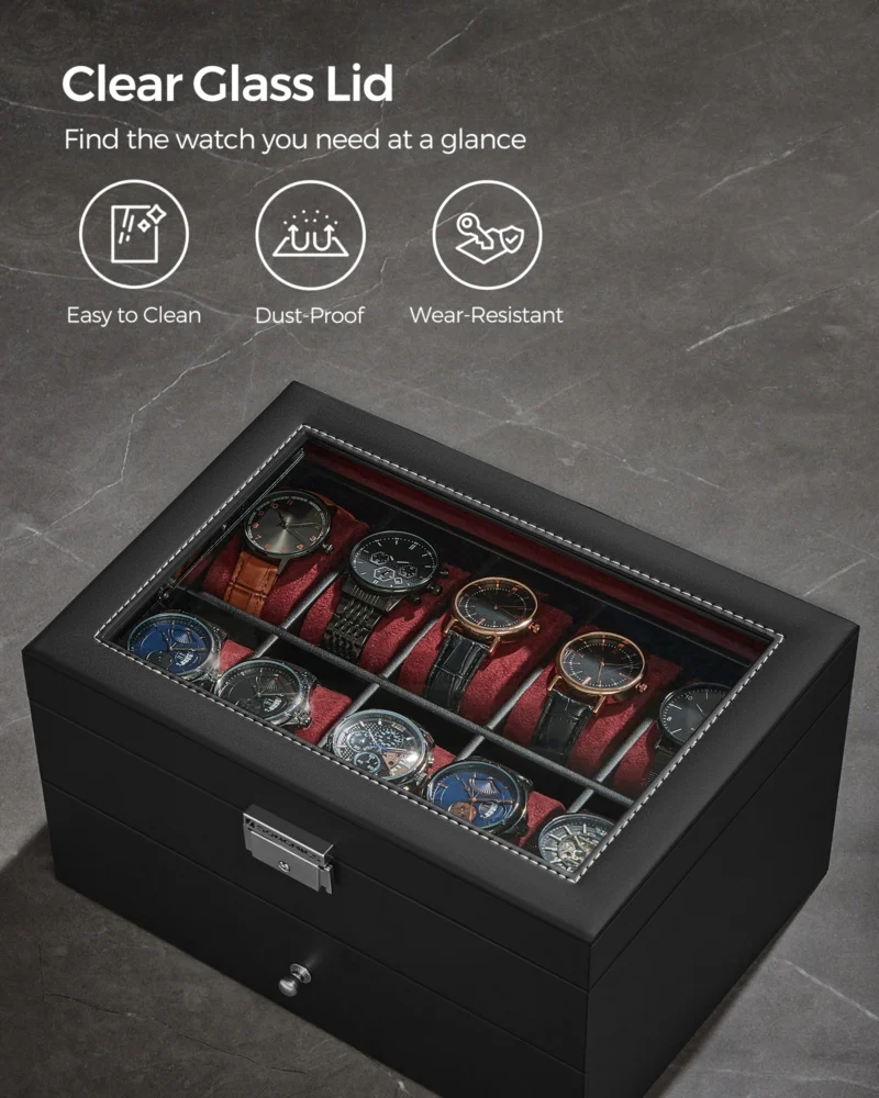 20-Slot Leatherette Watch Display Case with Glass Lid and Secure Lock for Collectors - Image 5