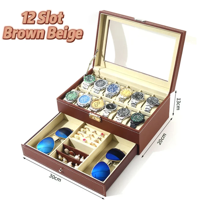 12-Slot Leather Watch Display Case with Lock and 2-Tier Drawer for Collectors - Image 8