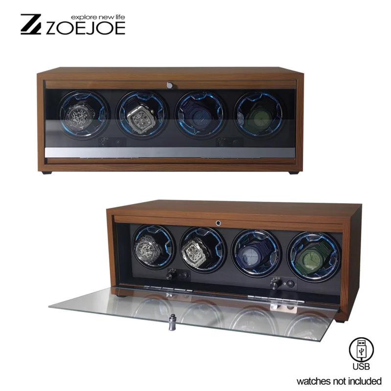 4-Slot Wooden Watch Winder Box with Black Interior and LED Atmosphere Lighting - Image 4