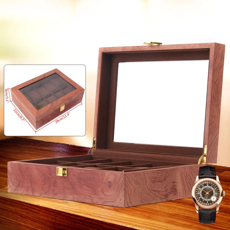 10-Slot Wooden Watch Display Box with Glass Viewing Window and Protective Cushions - Image 6