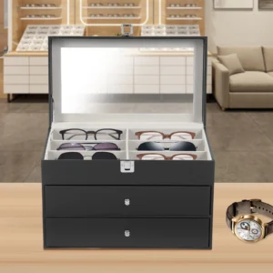 3-Tier Luxury Display Case with Glass Lid for Watches, Glasses and Jewelry