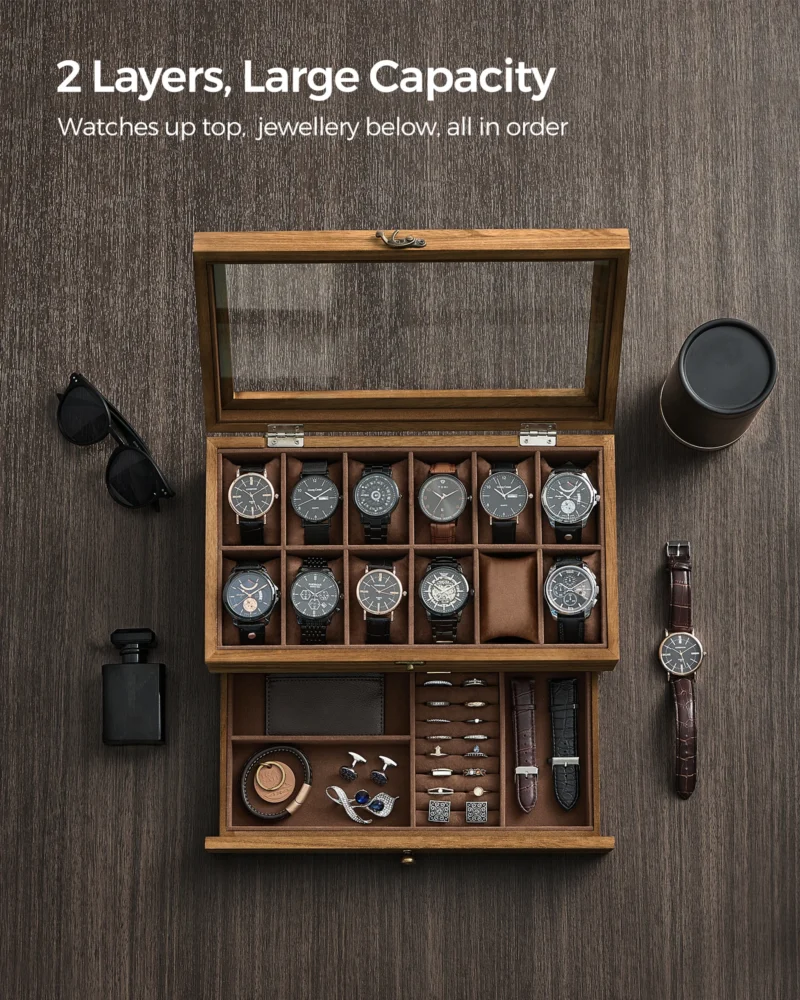 Luxury 12-Slot Watch Display Case with Glass Lid and Velvet Interior - Image 3