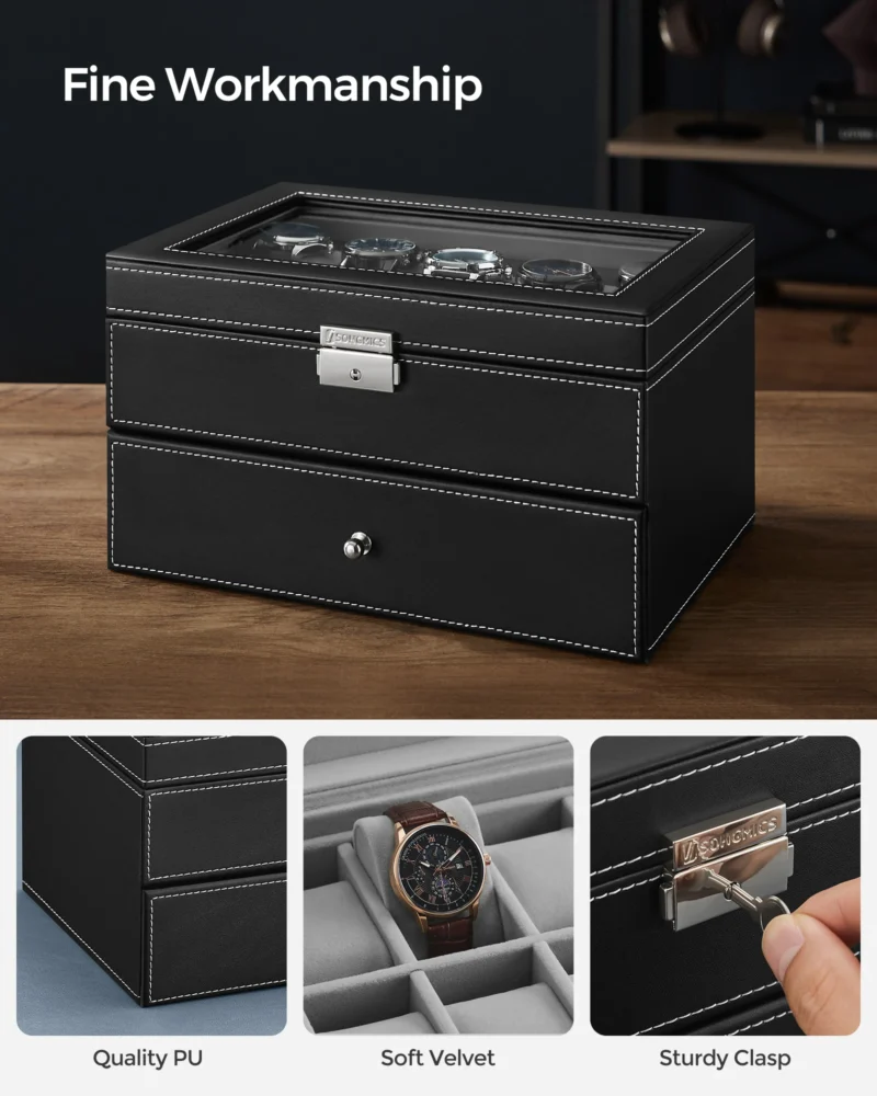 20-Slot Luxury Black Leather Watch Box with Glass Lid and Secure Lock - Image 4