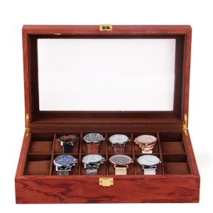 Handcrafted Wooden 12-Slot Watch Display Case with Glass Top for Premium Collection Storage