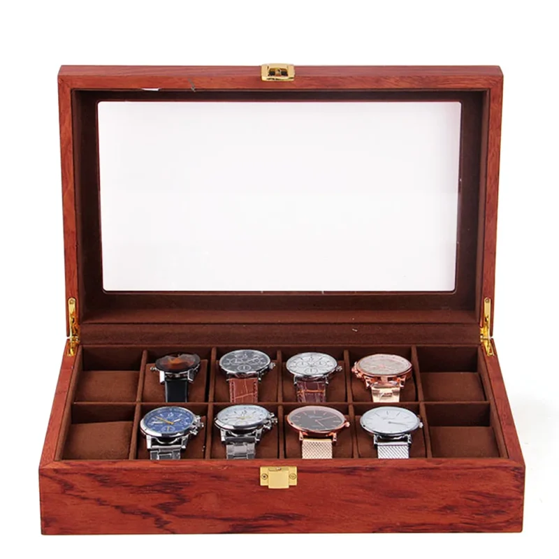Handcrafted Wooden 12-Slot Watch Display Case with Glass Top for Premium Collection Storage