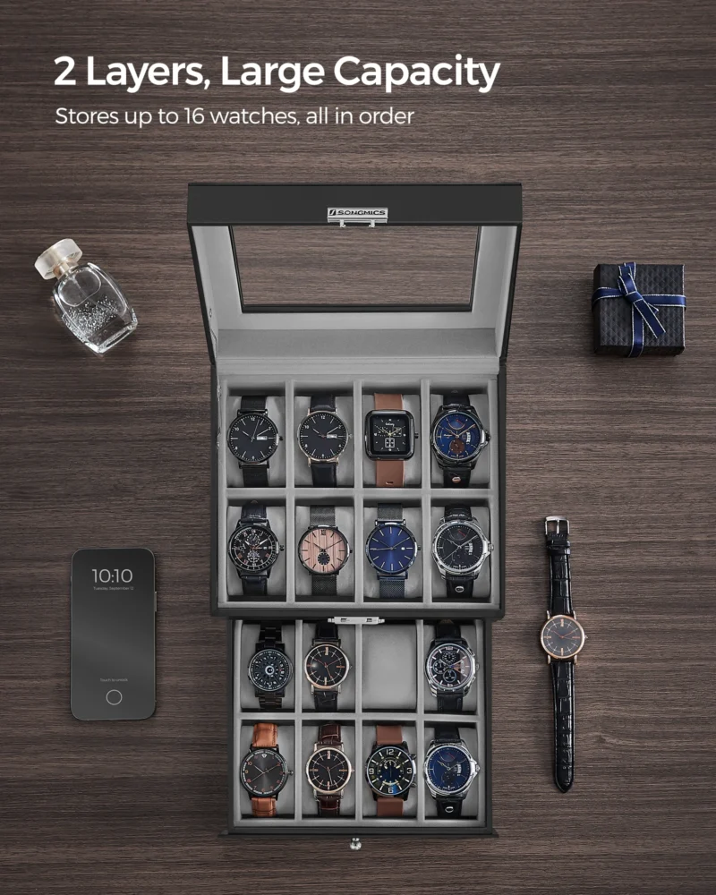 20-Slot Lockable Watch Display Case with Glass Lid and Leather Exterior - Image 5