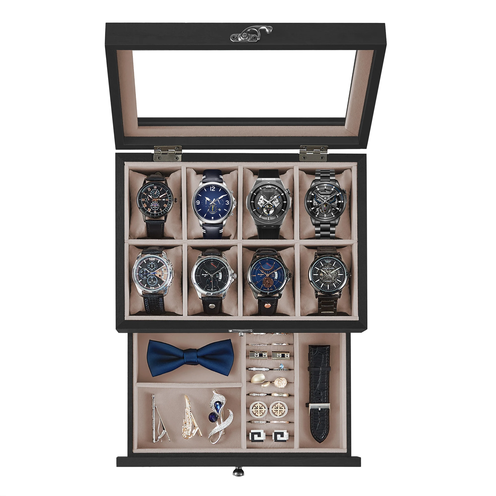 Luxury glass-top watch box styled in an elegant vignette with complementary decor items