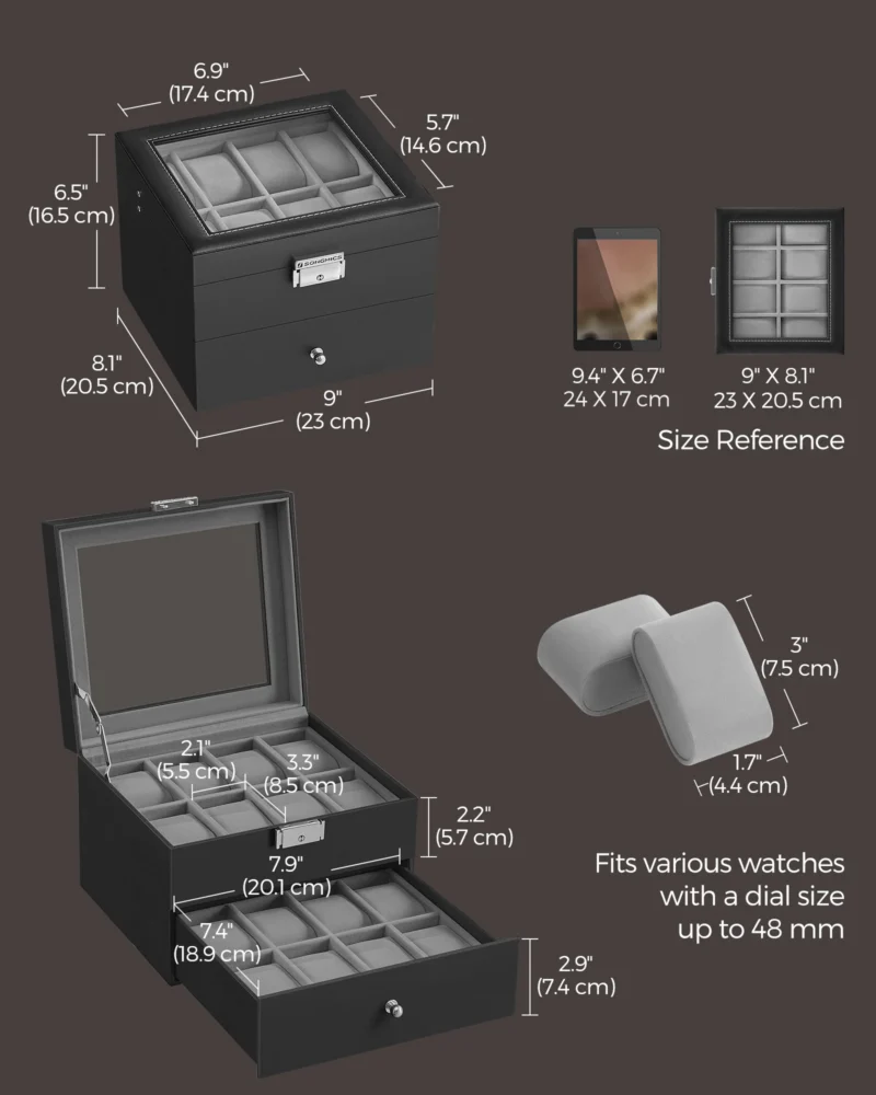 20-Slot Lockable Watch Display Case with Glass Lid and Leather Exterior - Image 3