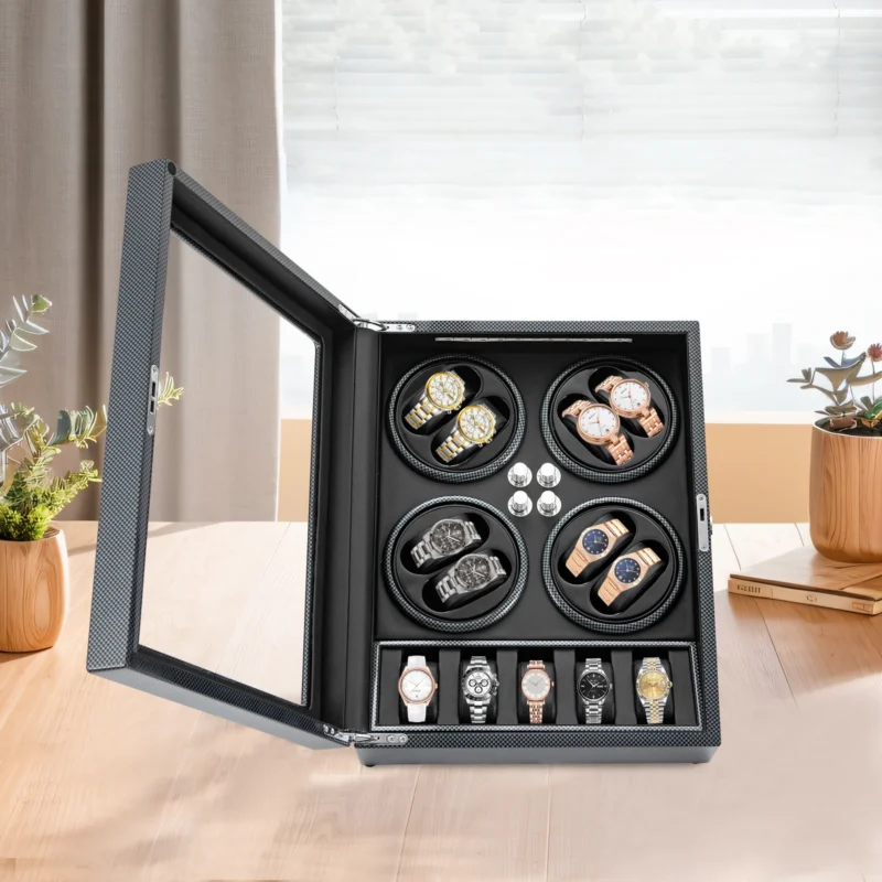8-Slot Automatic Watch Winder Box with Soft Pillows and LED Illumination
