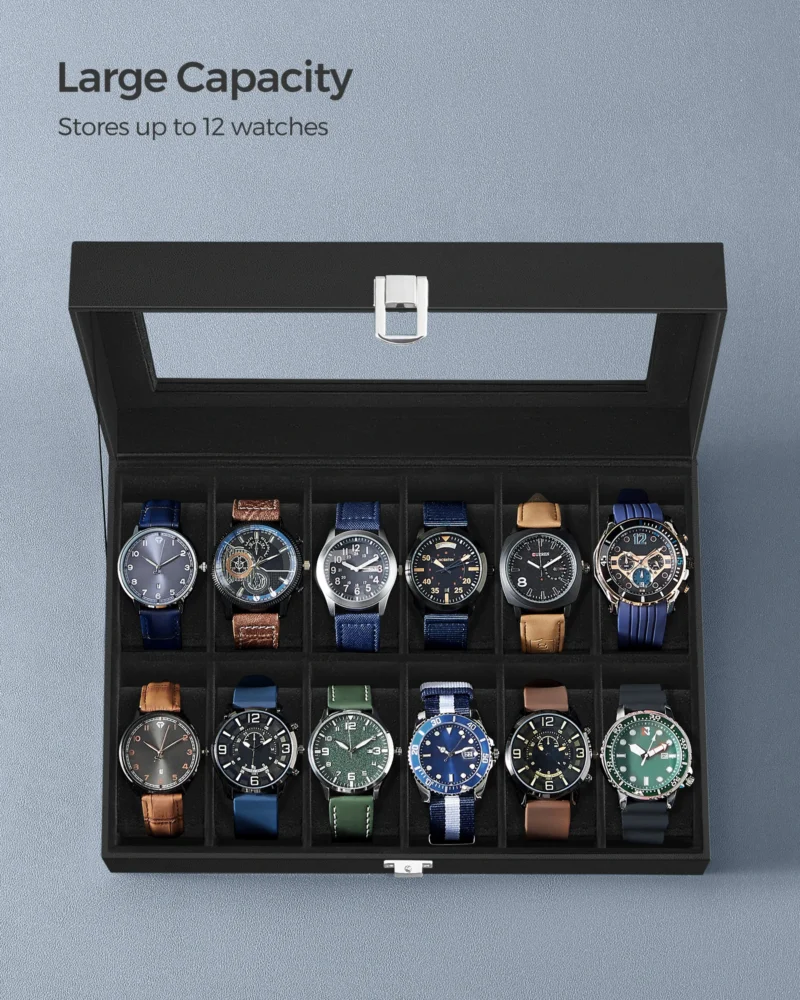 12-Slot Leather Watch Display Case with Glass Lid and Removable Pillows - Image 6