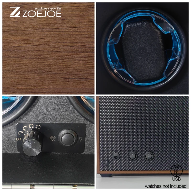 4-Slot Wooden Watch Winder Box with Black Interior and LED Atmosphere Lighting - Image 3