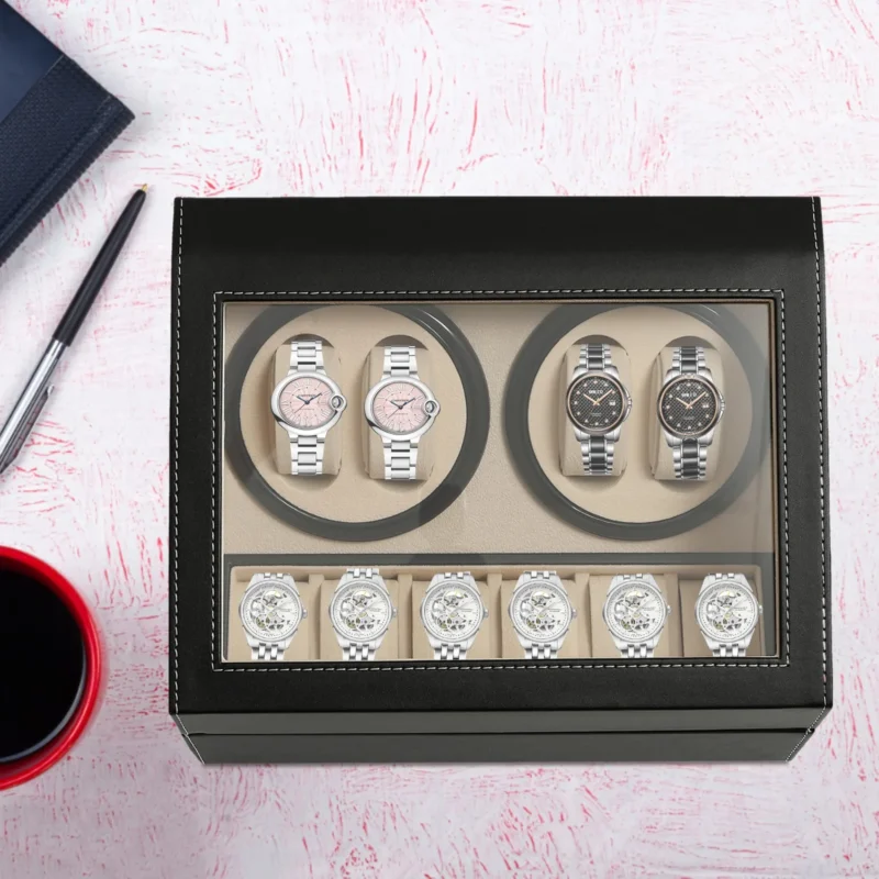 Luxury 10-Slot Automatic Watch Winder Display Box with Leather & Wood Construction - Image 3