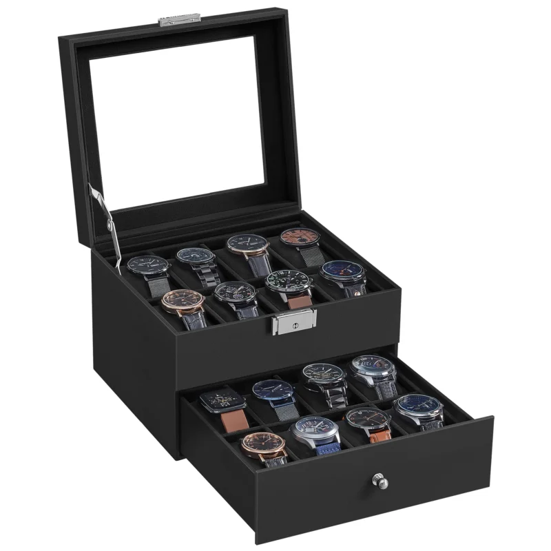 20-Slot Lockable Watch Display Case with Glass Lid and Leather Exterior - Image 7