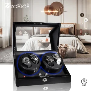 4-Slot Luxury Watch Winder Box with LED Lighting for Automatic Timepieces with Security Lock