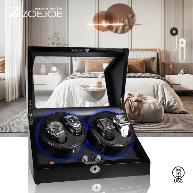 4-Slot Luxury Watch Winder Box with LED Lighting for Automatic Timepieces with Security Lock