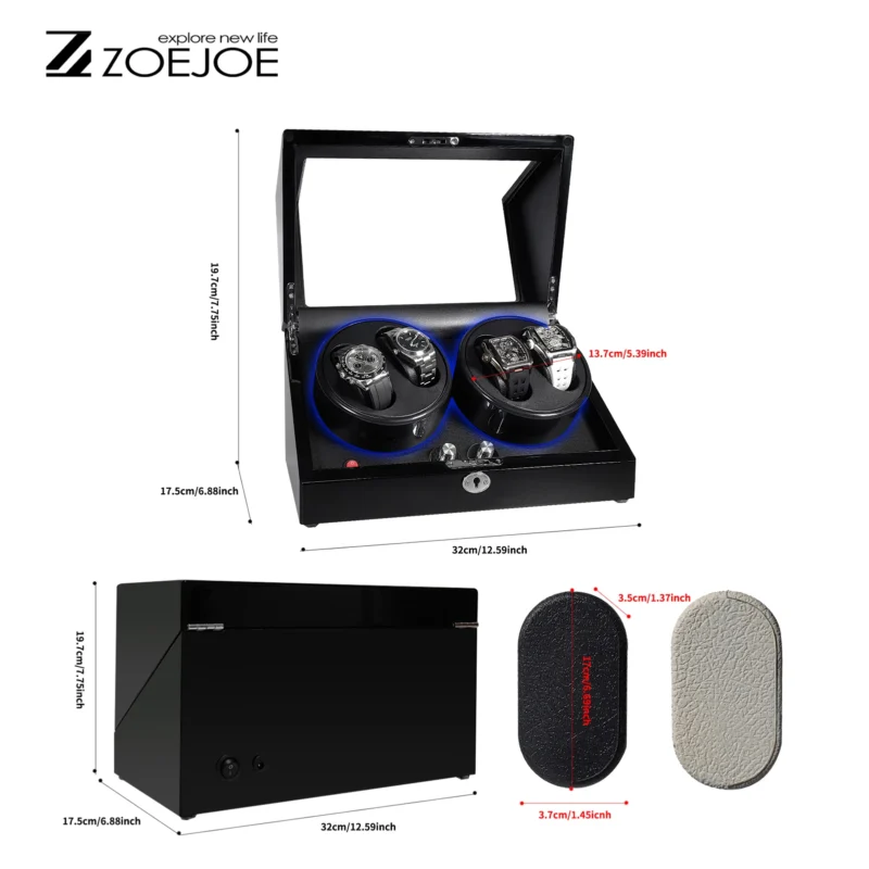 4-Slot Luxury Watch Winder Box with LED Lighting for Automatic Timepieces with Security Lock - Image 2