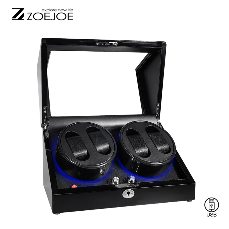4-Slot Luxury Watch Winder Box with LED Lighting for Automatic Timepieces with Security Lock - Image 7
