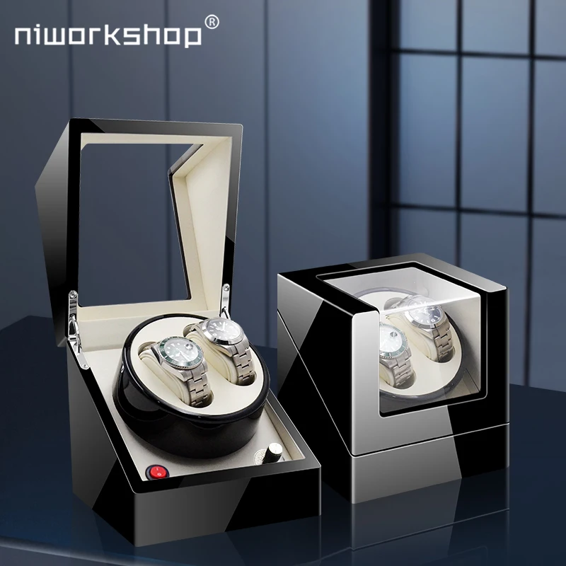 Wooden dual-slot watch winder displaying silent motor technology