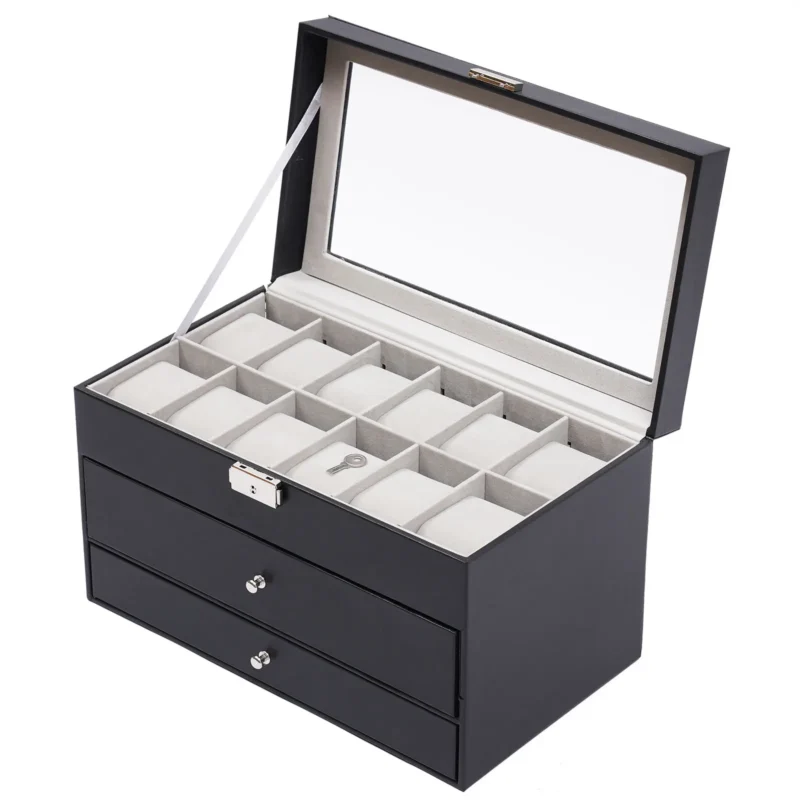 3-Layer Leather Watch & Sunglasses Display Case with Lock and Glass Top - Image 7