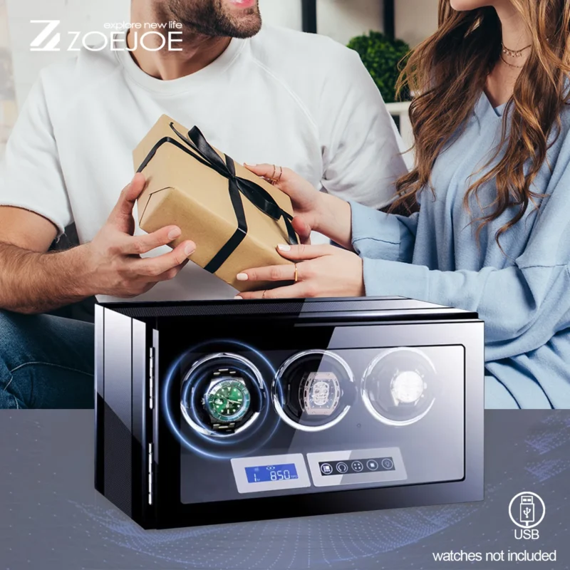 3-Slot Carbon Fiber Touchscreen Watch Winder with Fingerprint Lock and Adjustable Pillows - Image 4