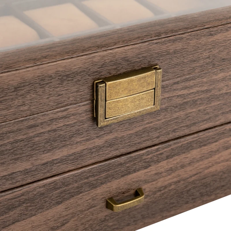 24-Slot Double Layer Wood Grain Watch Display Case with Glass Top for Collectors - Image 6