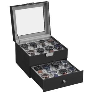20-Slot Lockable Watch Display Case with Glass Lid and Leather Exterior